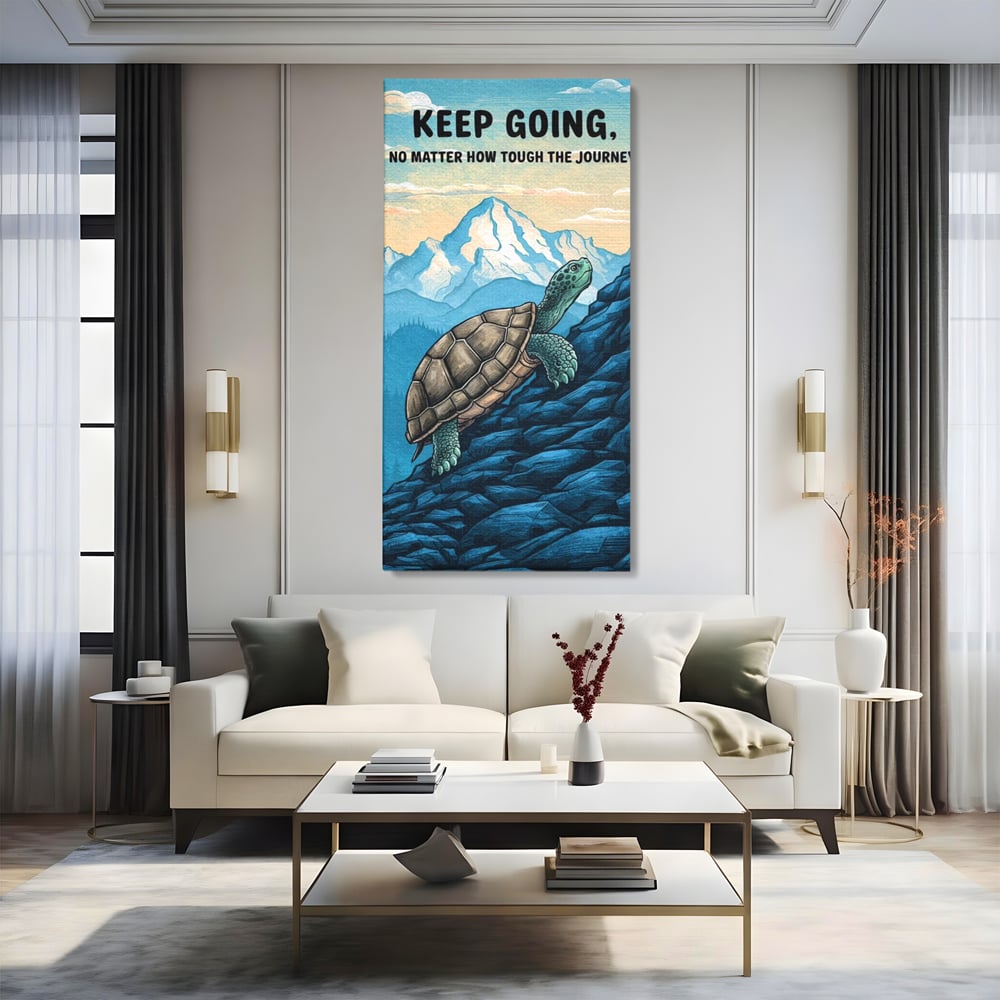 Tablou canvas cu ilustratie motivationala cu testoasa pe munte, fara rama, pe sasiu de lemn, pe perete intr-un living